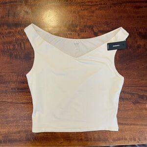 NWT Express White Body Contour Stretch Cotton Off The Shoulder Cropped Tee Sz M